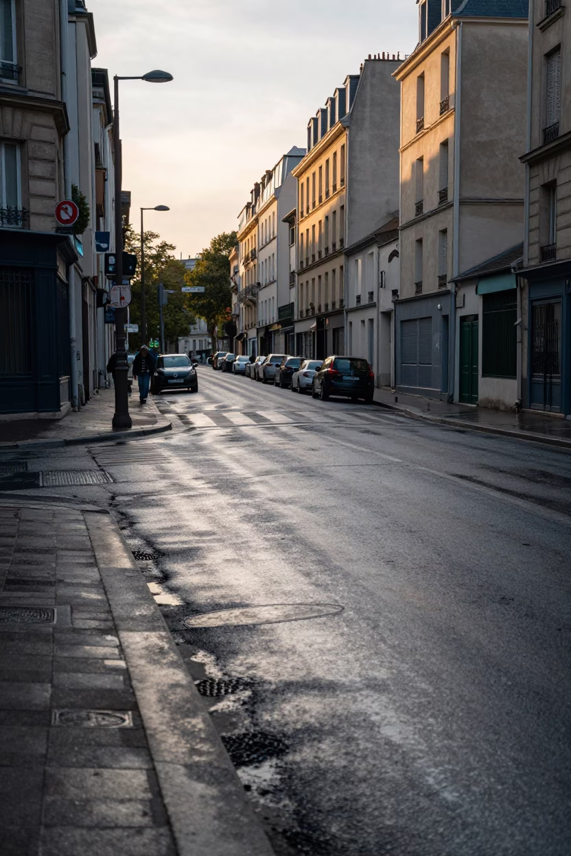 Late Afternoon Paris Street Scene with Substation Access Road and Rainwater Puddles in in Paris, France