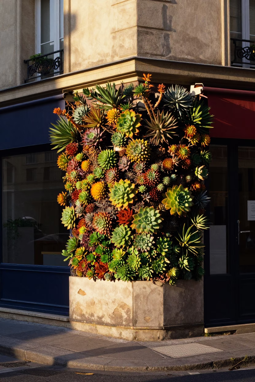 Late Afternoon Paris Street Scene with Succulent Living Wall and Cafe Exterior in in Paris, France