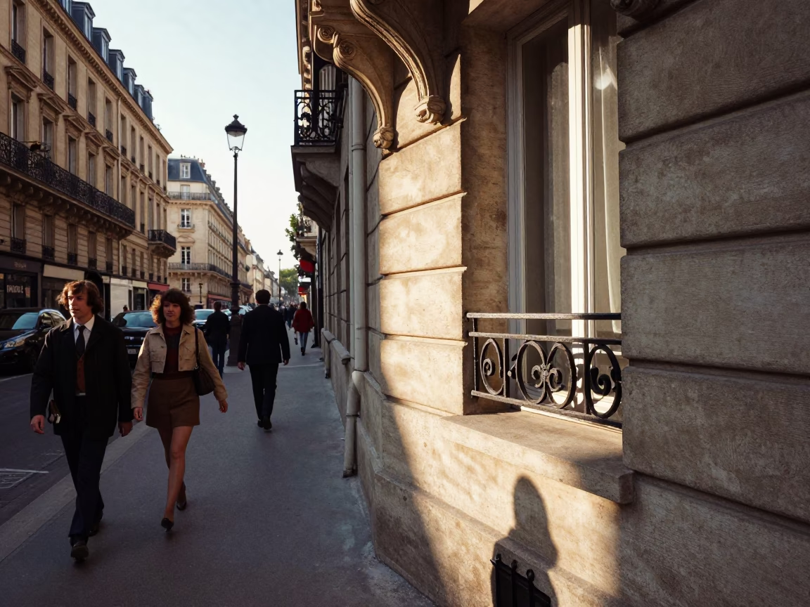 Late Afternoon Paris Street Scene with Sunlight Stripe and Colorful Local Life in in Paris, France