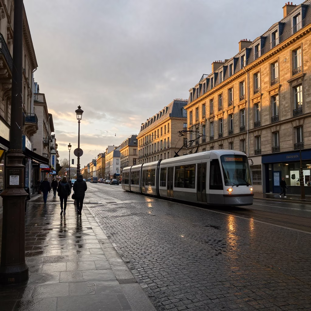 Late Afternoon Paris Street Scene with Tram Reflection and Cobblestones in in Paris, France