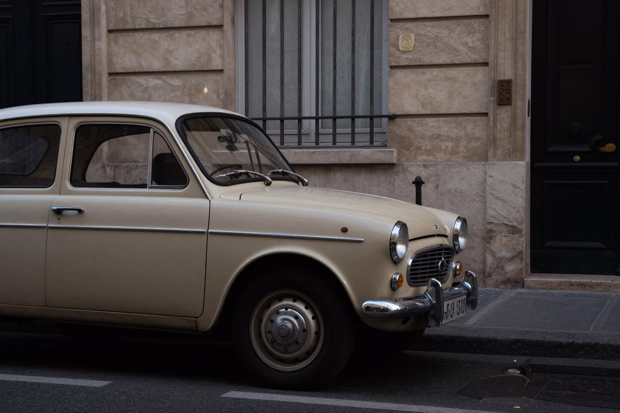 Late Afternoon Paris Street Scene with Vintage Car and Tea Kettles in in Paris, France