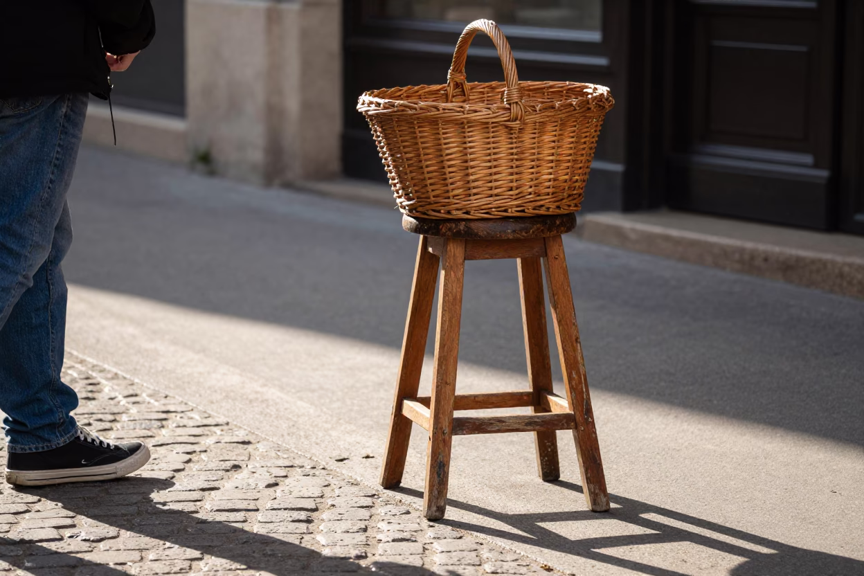 Late Afternoon Paris Street Scene with Wicker Basket and Scratched Stool in in Paris, France