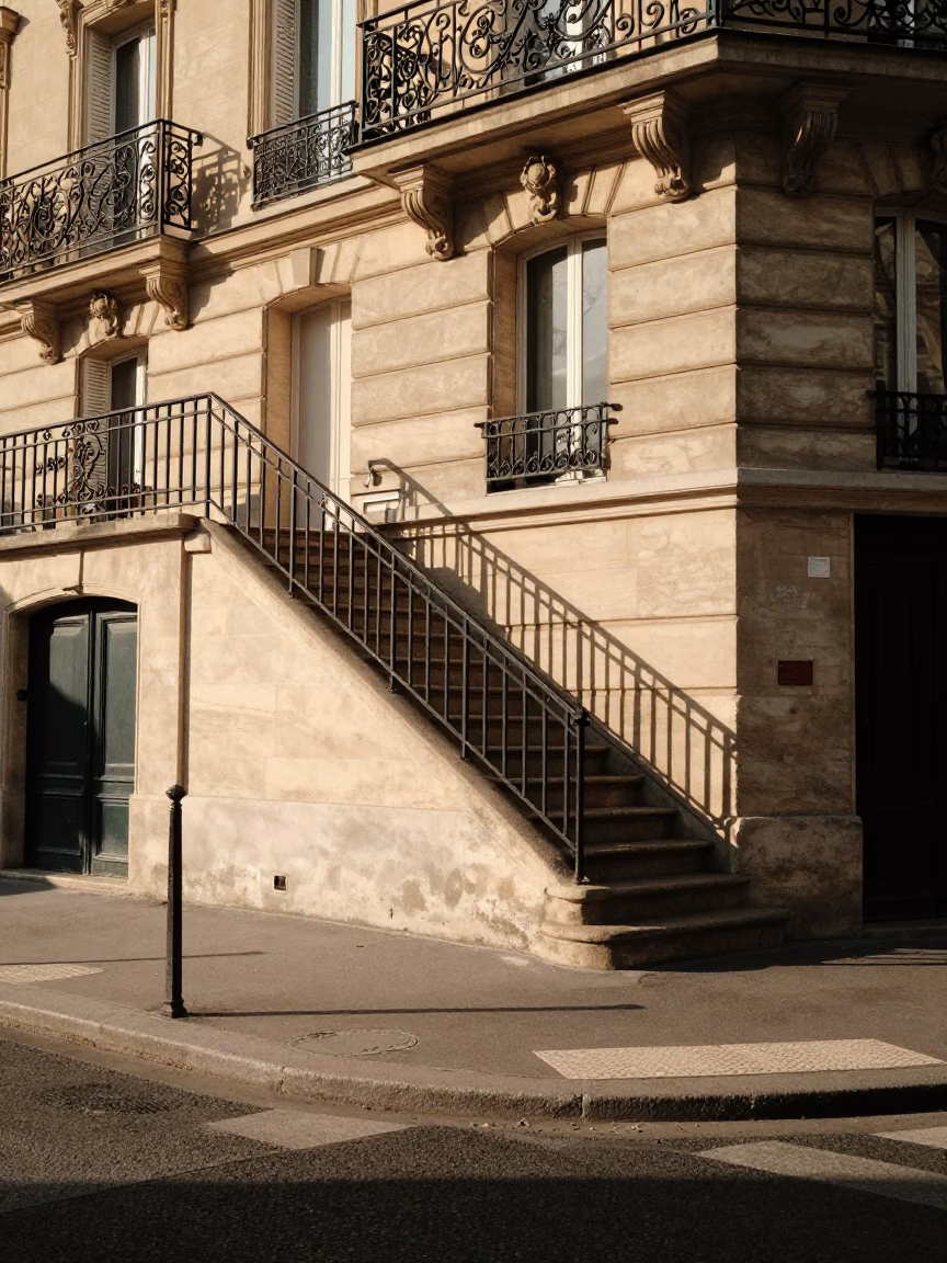 Late Afternoon Parisian Street Scene with Stair Rail and Blue Porcelain Plate in in Paris, France