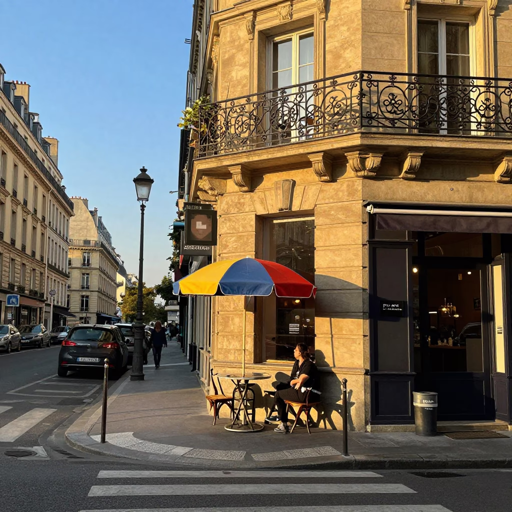 Late Afternoon Parisian Street Scene with Umbrella Stand and Sunflowers in Historic District in in Paris, France