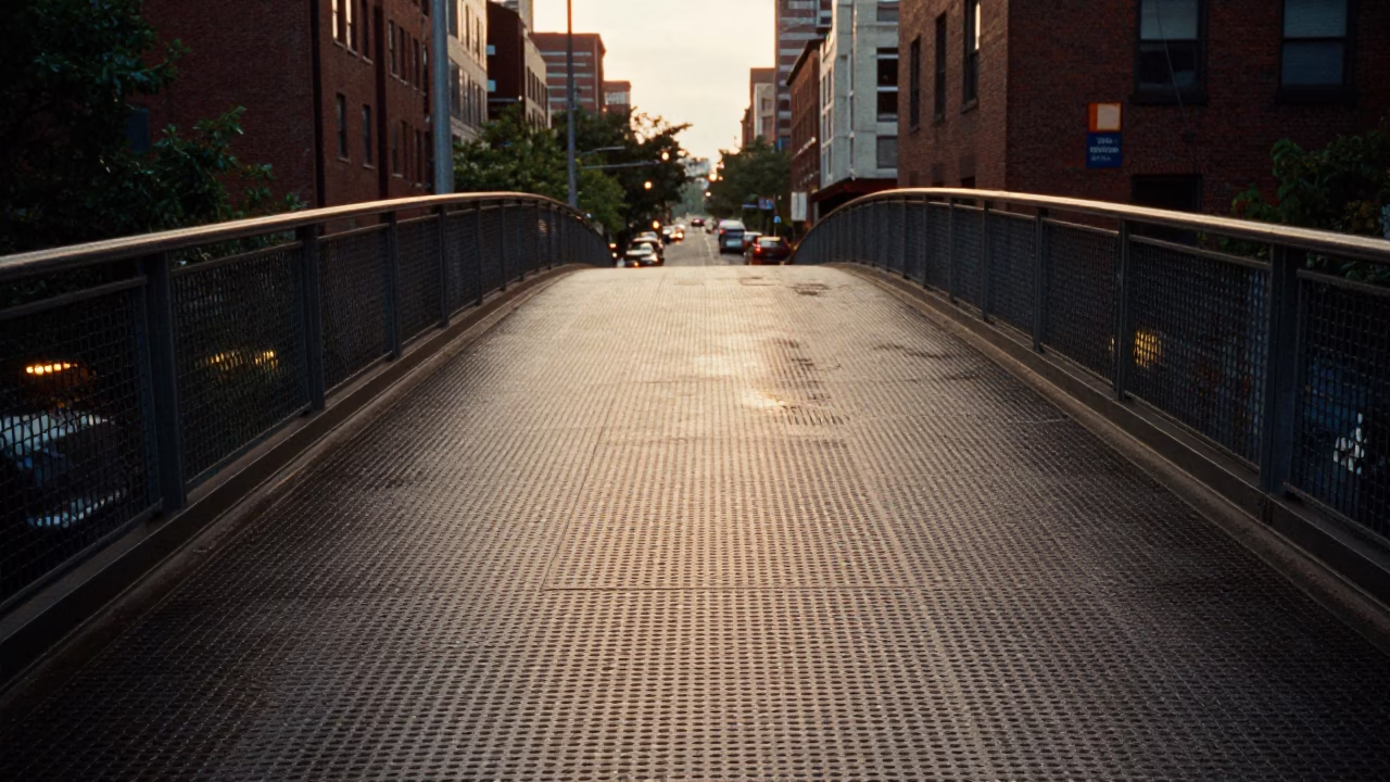 Late Afternoon Pedestrian Overpass in Boston Massachusetts with Wet Footsteps on Perforated Metal in in Boston, Massachusetts, United States