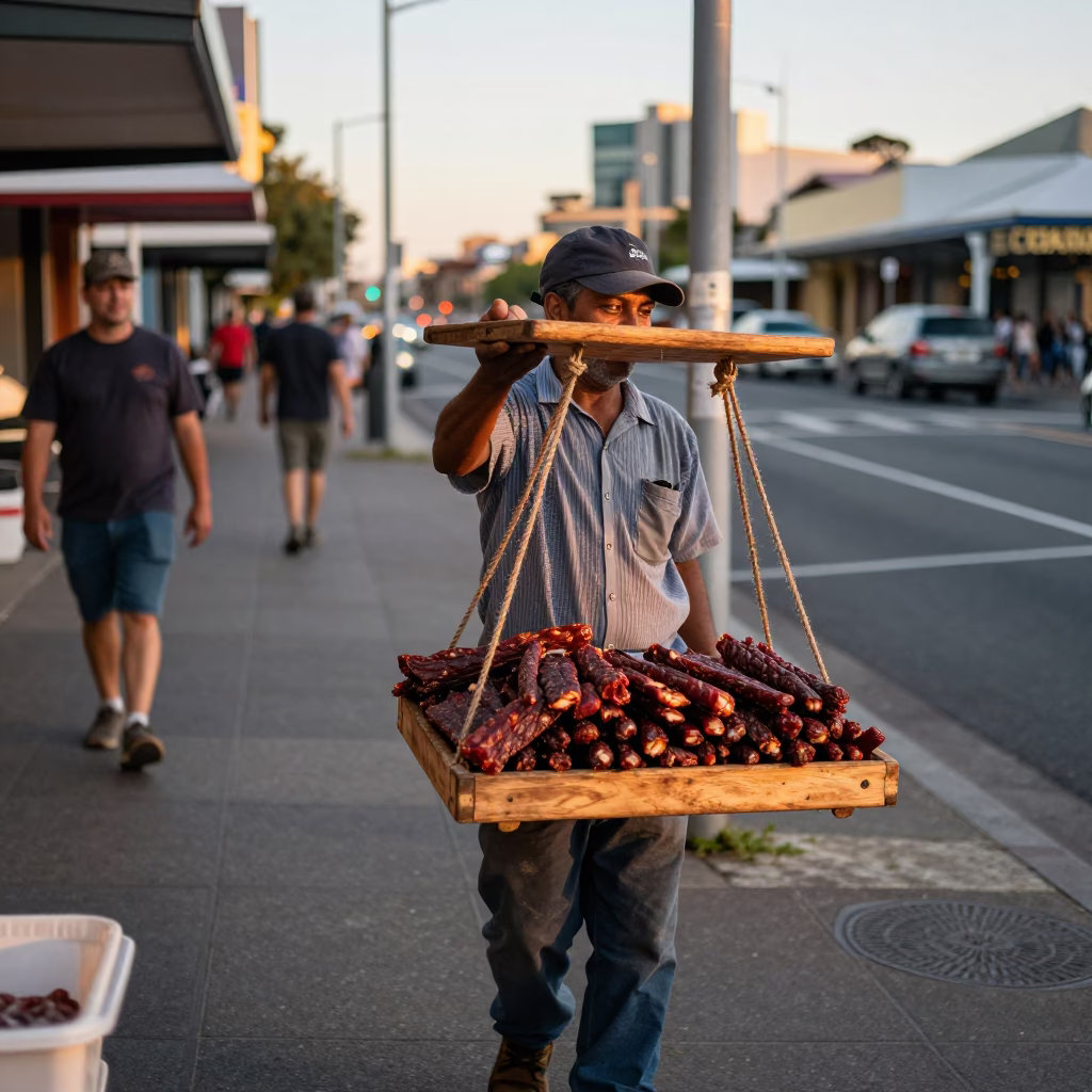 Late Afternoon Perth Street Scene with Tray of Biltong and Droëwors in in Perth, Western Australia, Australia
