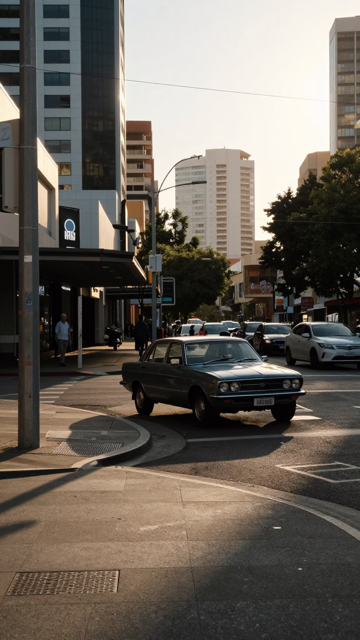 Late Afternoon Perth Street Scene with Vintage Cars and Art Deco Cinema Facade in in Perth, Western Australia, Australia