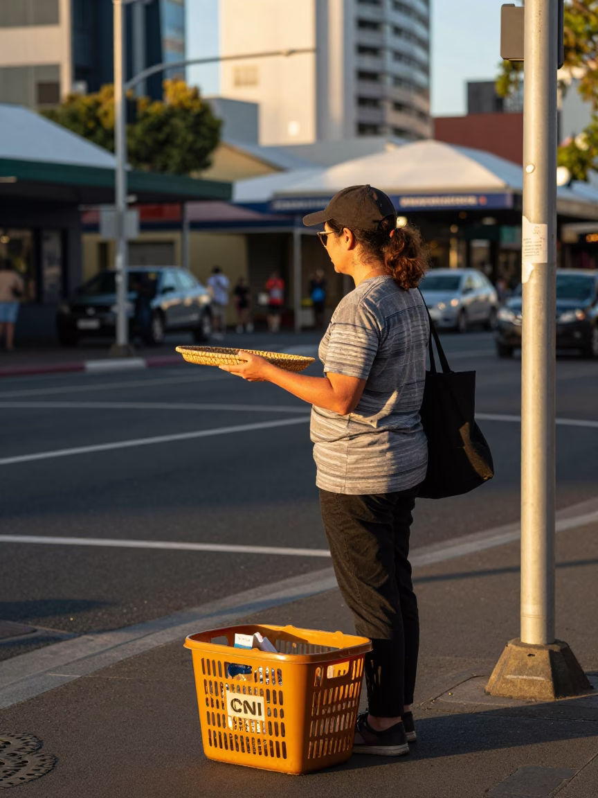 Late Afternoon Perth Street Scene with Vintage Shopping Basket and Local Market Goods in in Perth, Western Australia, Australia