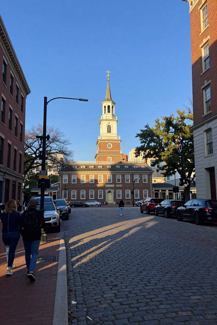 Late Afternoon Philadelphia Street Scene with Bell Tower and Historic Architecture in in Philadelphia, Pennsylvania, United States