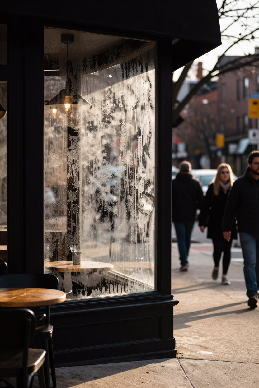 Late Afternoon Philadelphia Street Scene with Condensation and Cutlery Detail in in Philadelphia, Pennsylvania, United States