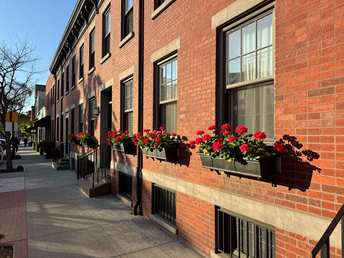 Late Afternoon Philadelphia Street Scene with Geraniums and Urban Architecture in in Philadelphia, Pennsylvania, United States