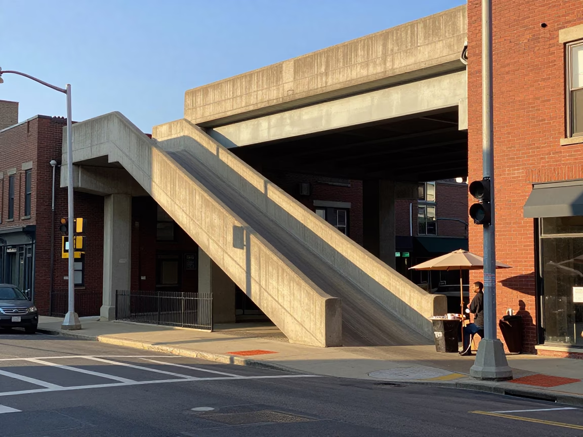 Late Afternoon Philadelphia Street Scene with Overpass Ramp and Pomegranate Vendor in in Philadelphia, Pennsylvania, United States