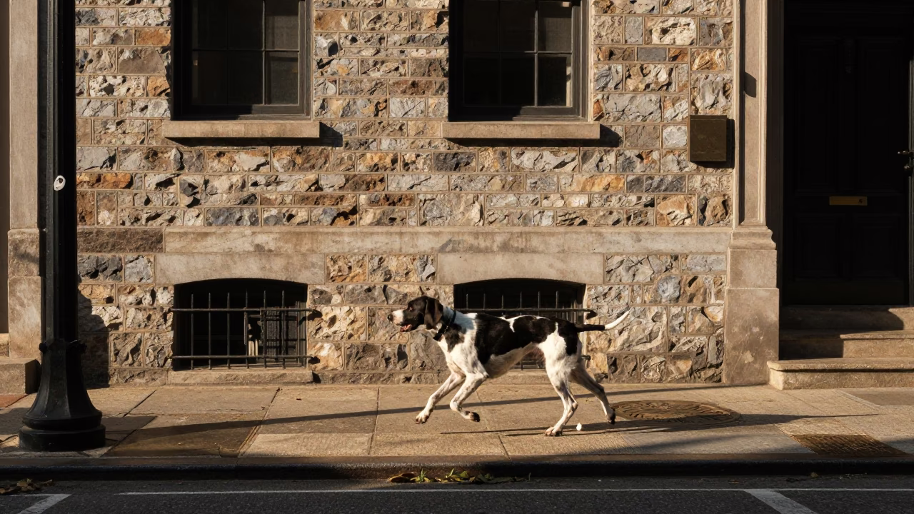 Late Afternoon Philadelphia Street Scene with Portuguese Pointer and Urban Details in in Philadelphia, Pennsylvania, United States