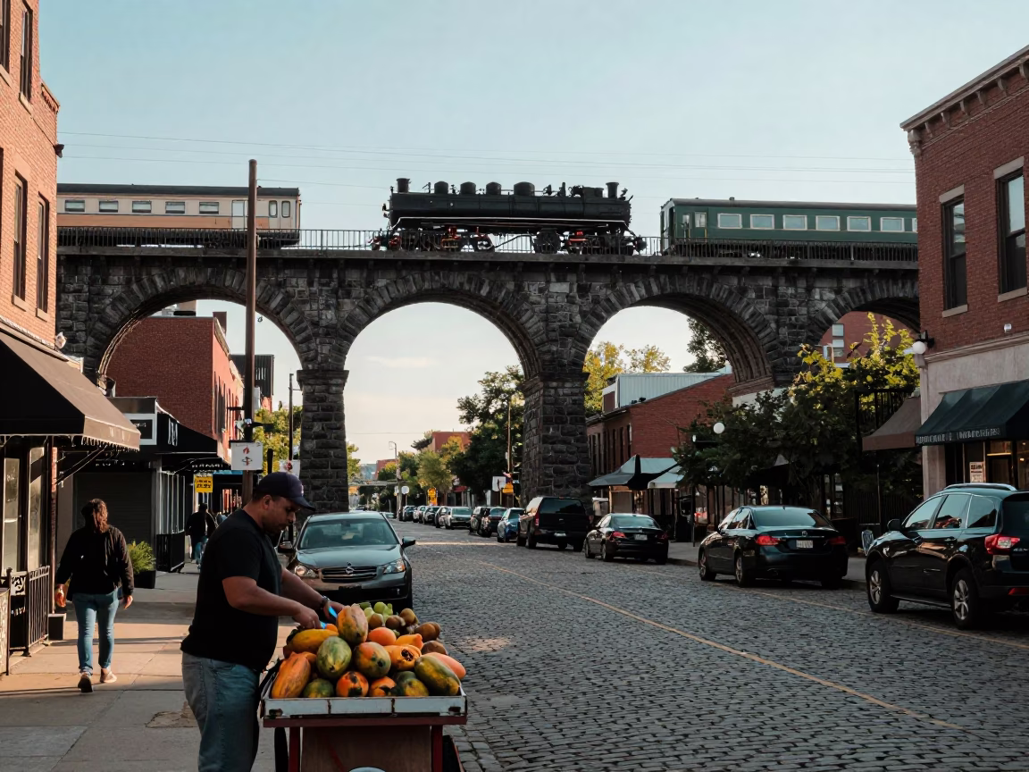 Late Afternoon Philadelphia Street Scene with Railway Viaduct and Urban Life in in Philadelphia, Pennsylvania, United States