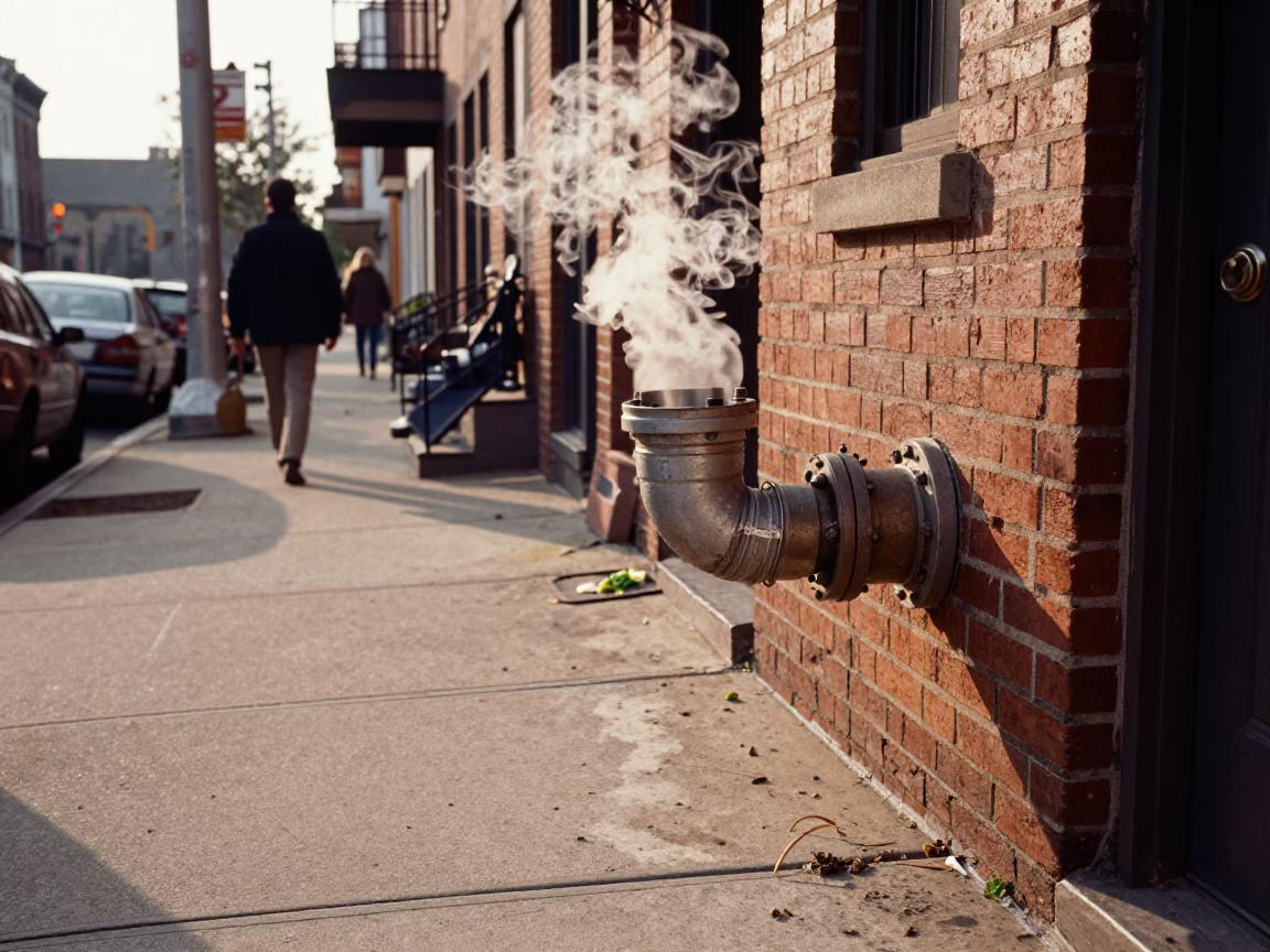 Late Afternoon Philadelphia Street Scene with Steaming District Heating Pipe and Urban Life in in Philadelphia, Pennsylvania, United States