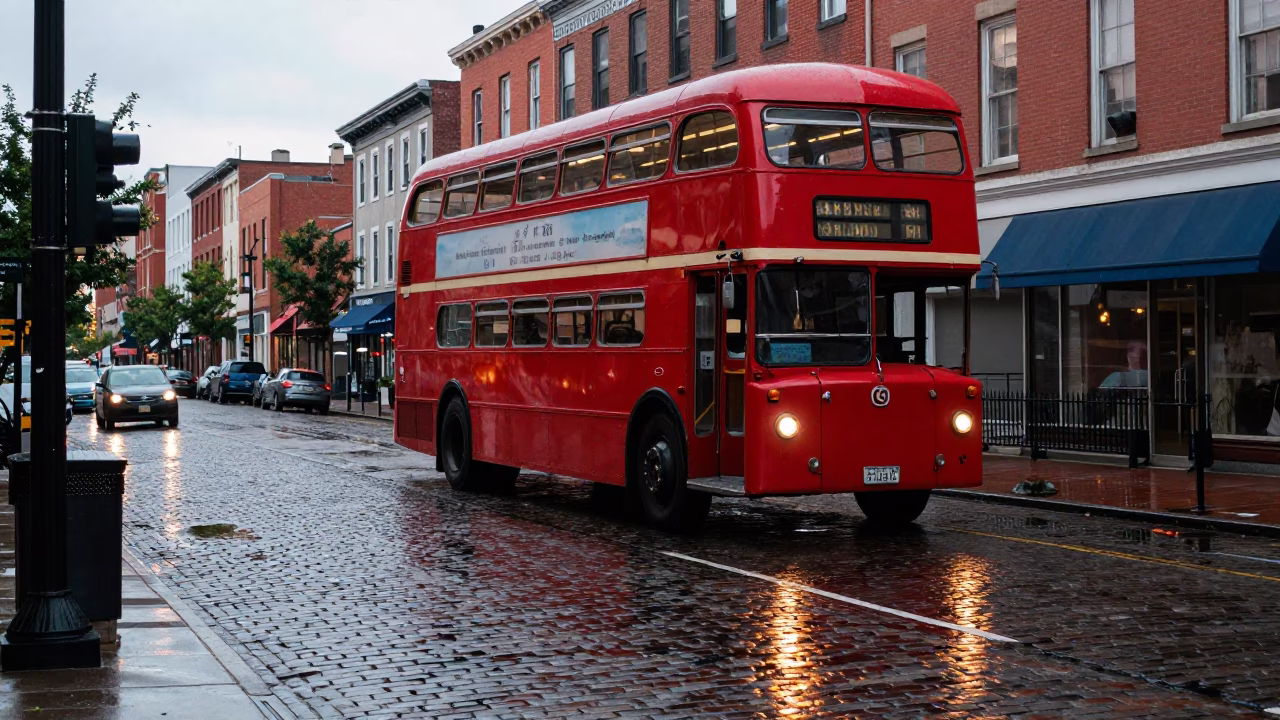 Late Afternoon Philadelphia Street Scene with Vintage Double Decker Bus and City Architecture in in Philadelphia, Pennsylvania, United States