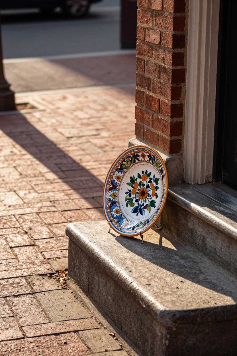 Late Afternoon Philadelphia Street Scene with Vintage Majolica Plate and Rusty Grout Details in in Philadelphia, Pennsylvania, United States