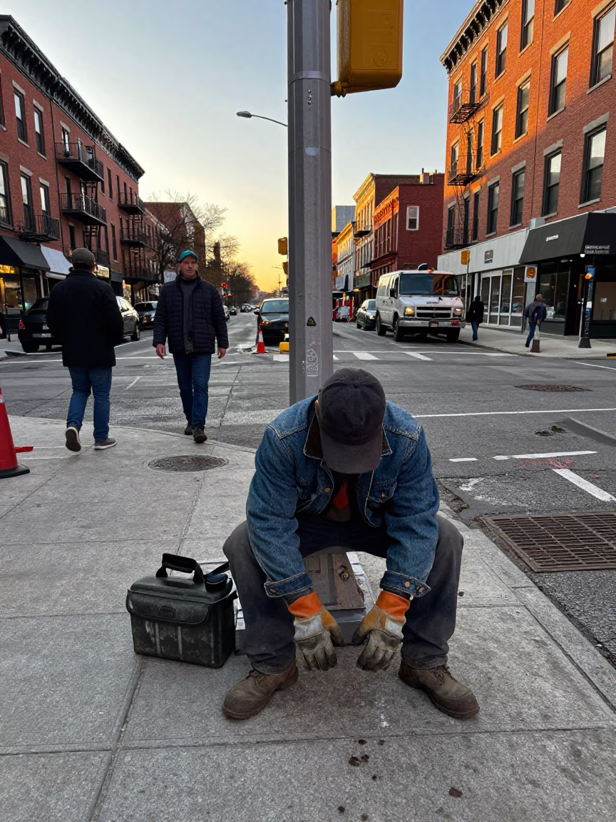 Late Afternoon Philadelphia Street Scene with Worker Gloves and Bell in in Philadelphia, Pennsylvania, United States