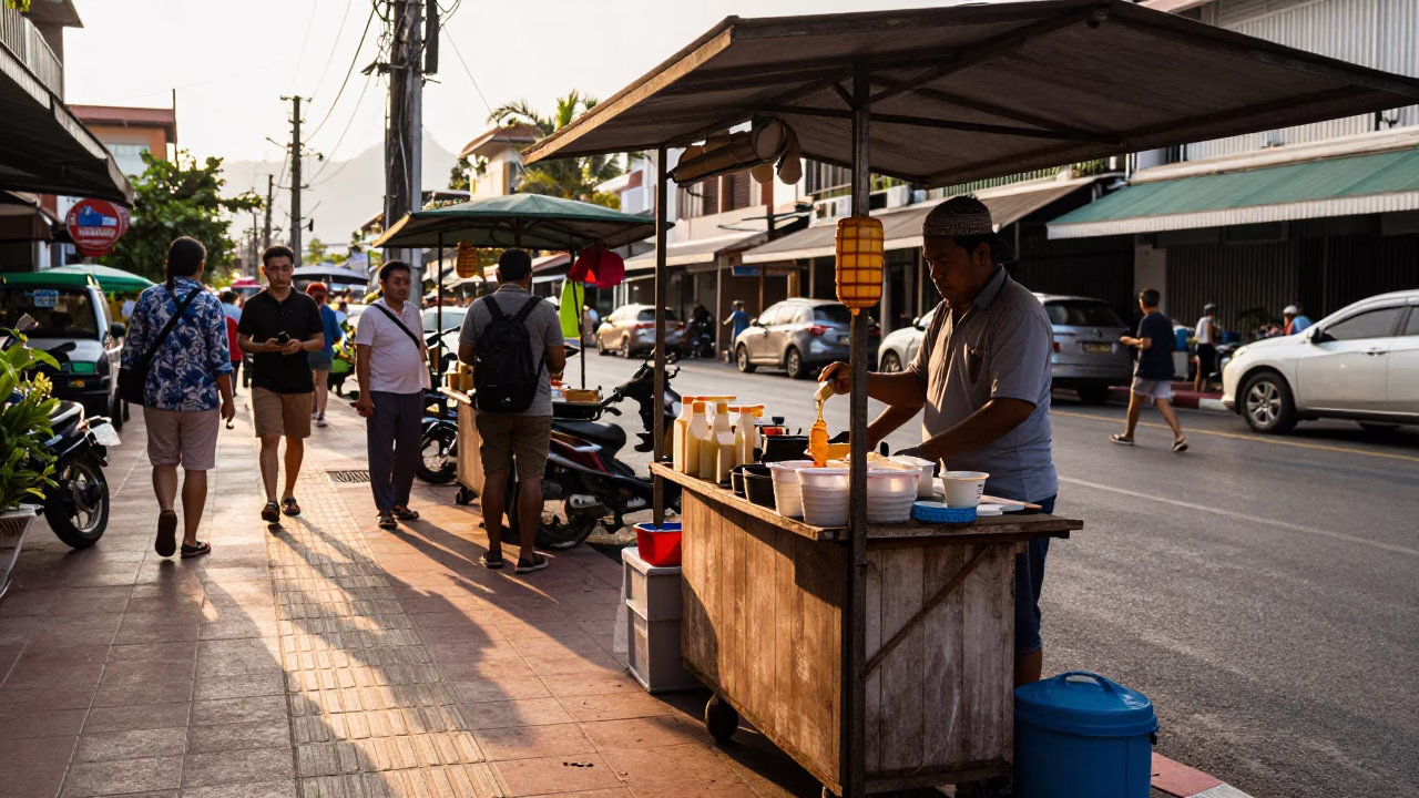 Late Afternoon Phuket Street Scene with Honey Dripper and Fig Tree in in Phuket, Thailand