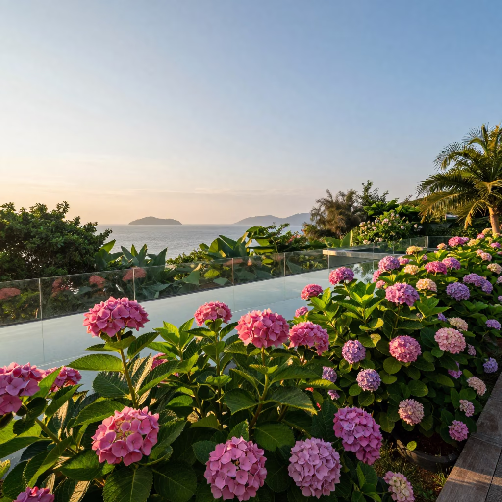 Late Afternoon Phuket Thailand Landscape with Hydrangea Bush and Clear Glass Countertop in in Phuket, Thailand
