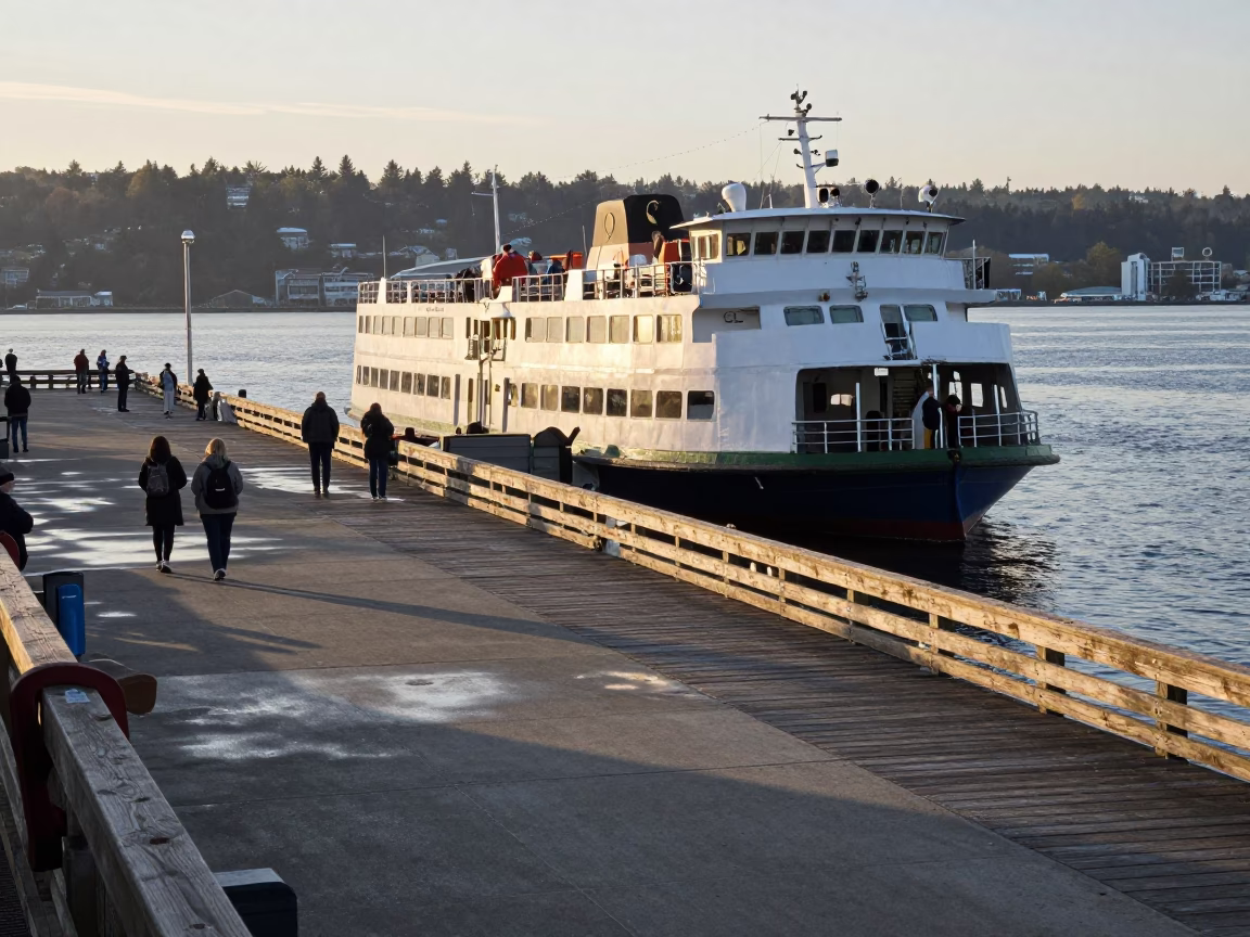 Late Afternoon Portland Ferry Dock Scene with Passengers and Bicycles Loading in in Portland, Oregon, United States