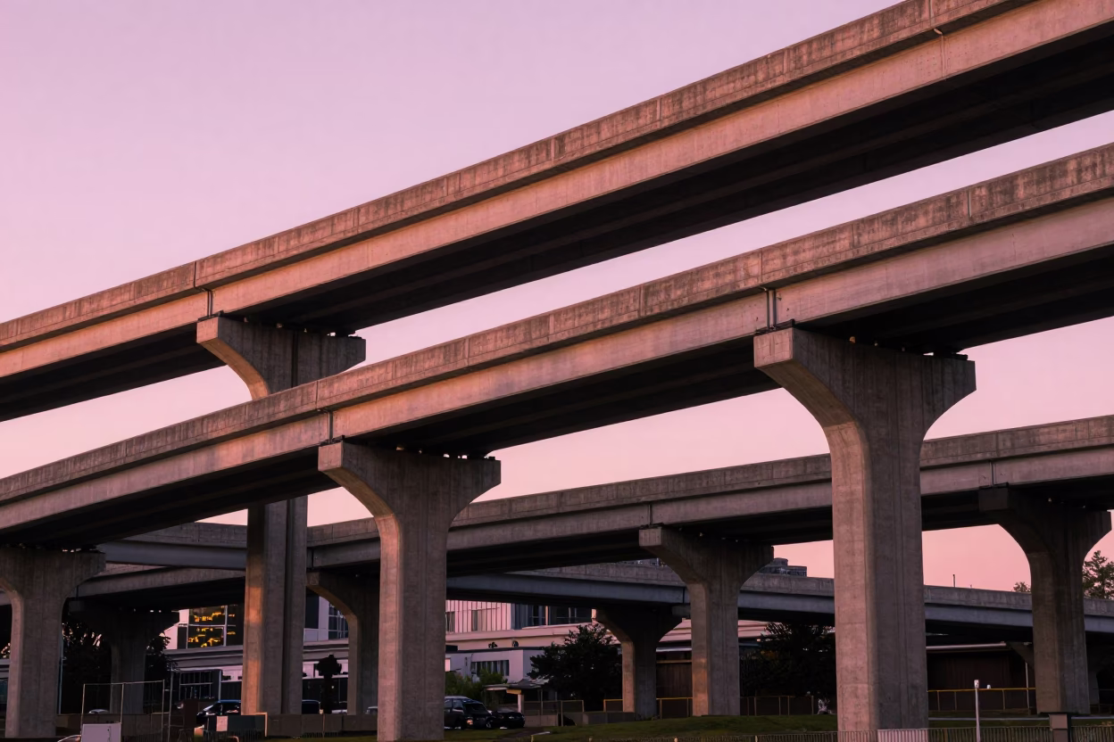 Late Afternoon Portland Oregon Highway Flyover Stack Against Pink Evening Sky in in Portland, Oregon, United States