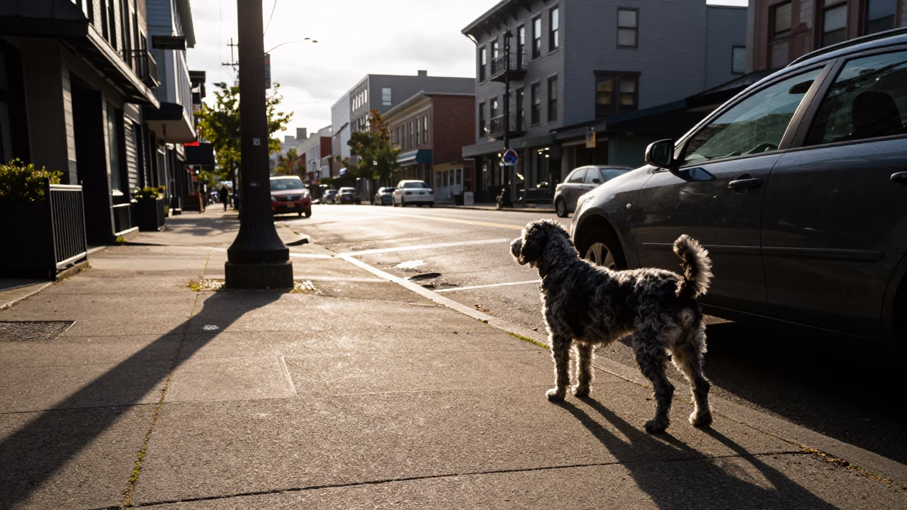 Late Afternoon Portland Oregon Street Scene with Bluetick Coonhound and Urban Infrastructure in in Portland, Oregon, United States