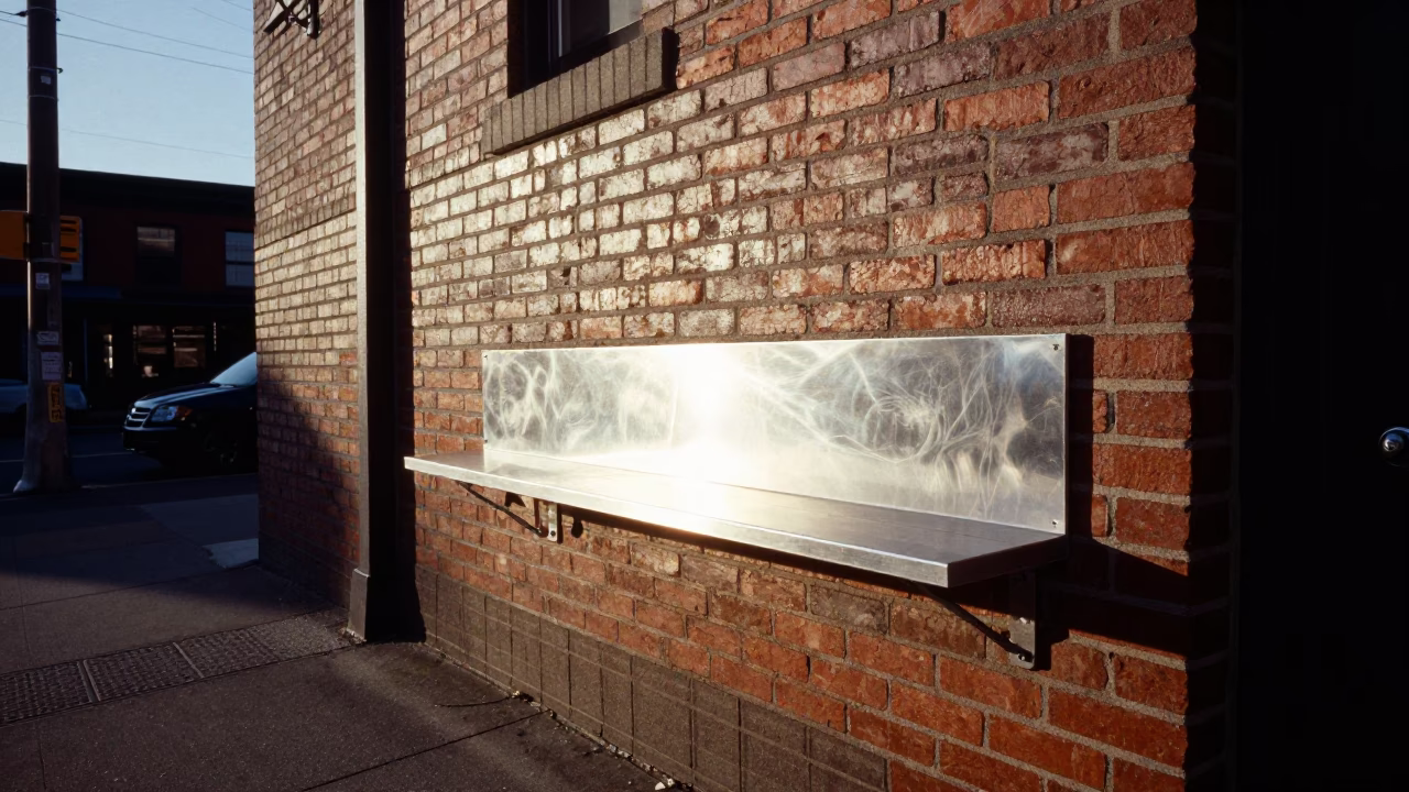 Late Afternoon Portland Oregon Street Scene with Brushed Steel Shelf and Watering Bottle in in Portland, Oregon, United States