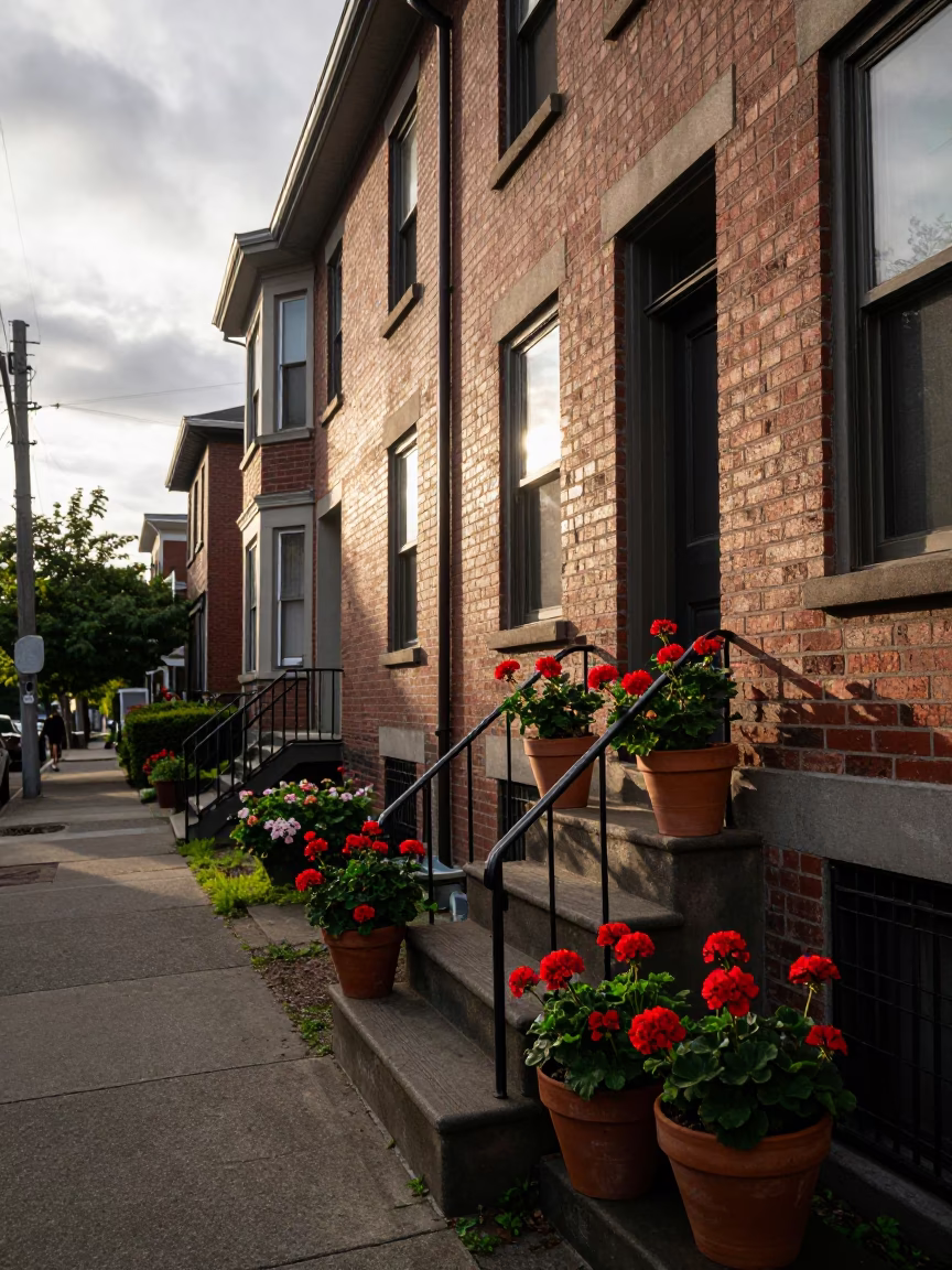 Late Afternoon Portland Oregon Street Scene with Potted Geraniums and Urban Architecture in in Portland, Oregon, United States