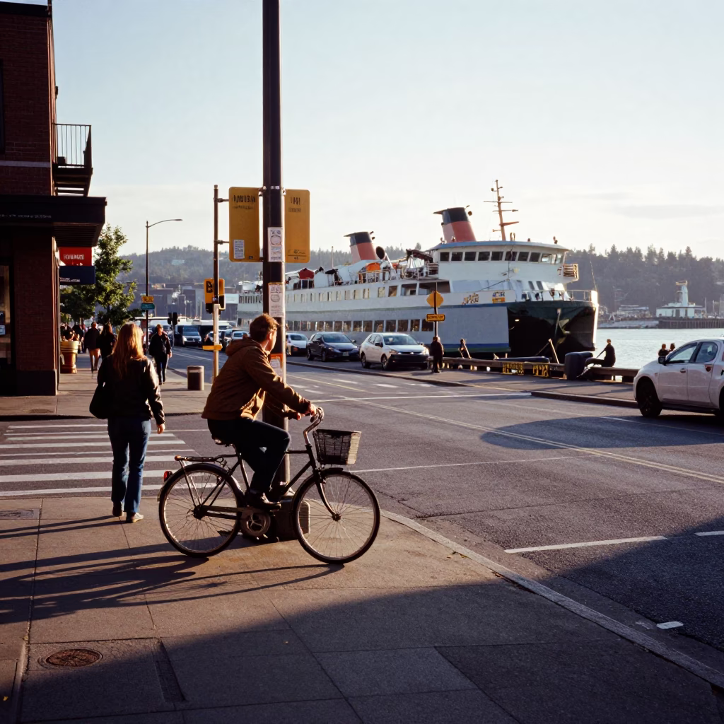 Late Afternoon Portland Street Scene with Ferry and Urban Details in in Portland, Oregon, United States