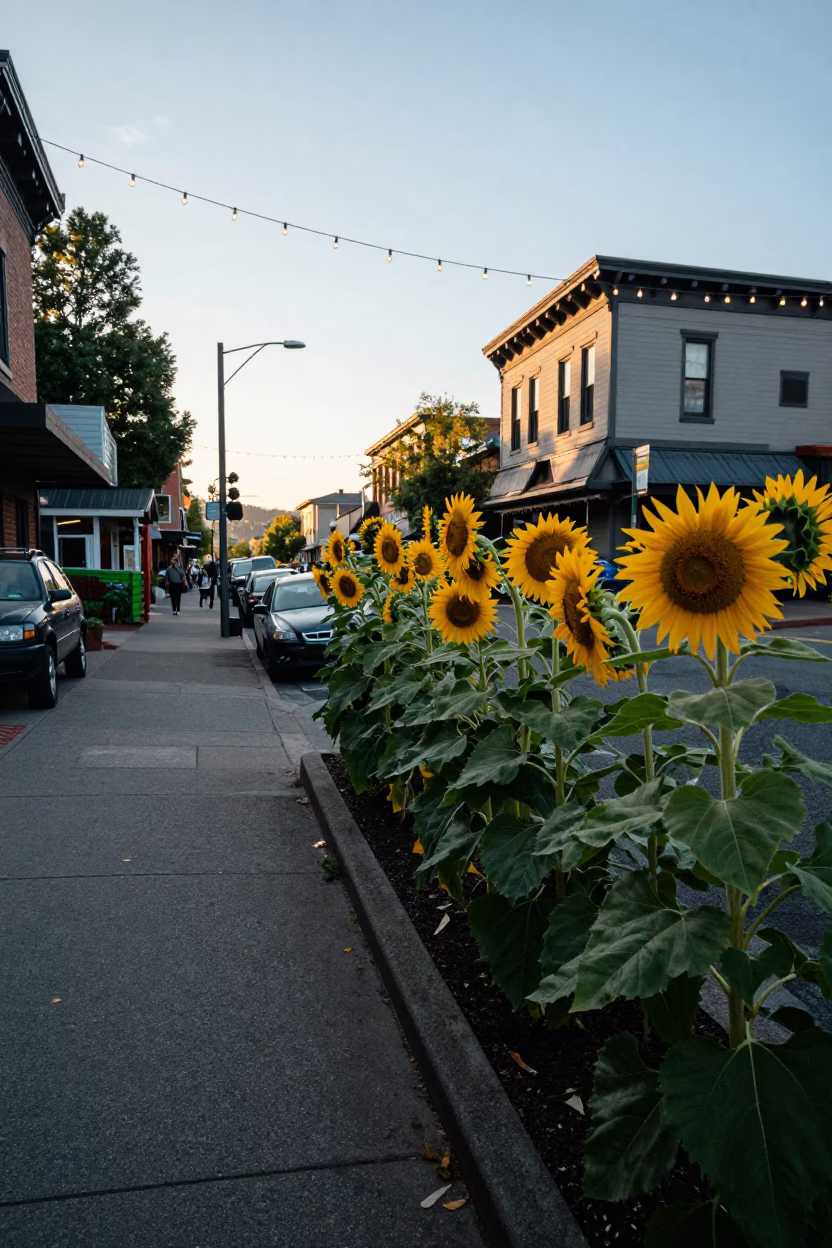 Late Afternoon Portland Street Scene with Sunflowers and String Lights in in Portland, Oregon, United States