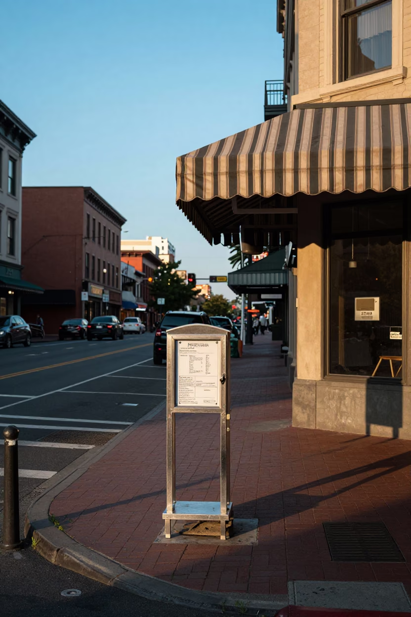 Late Afternoon Portland Street Scene with Valet Stand and Hotel Awning Reflections in in Portland, Oregon, United States