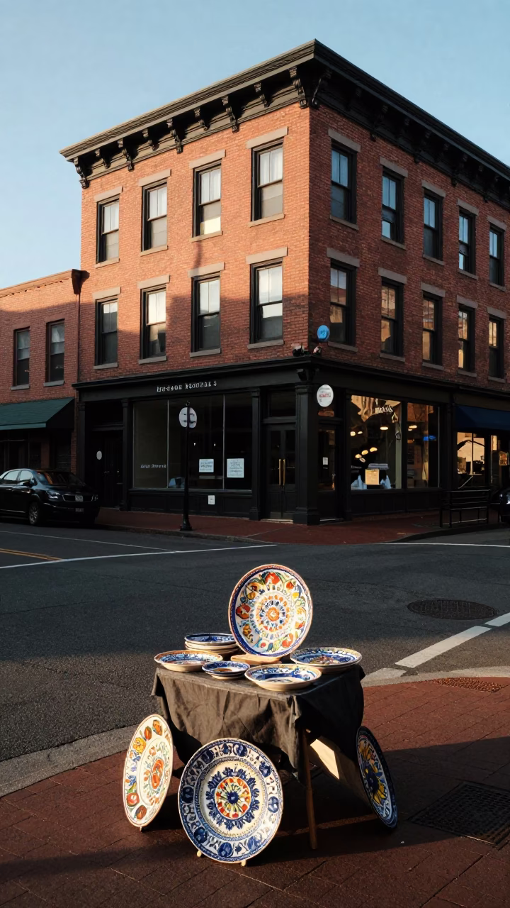 Late Afternoon Portland Street Scene with Vintage Majolica Plate and Monorail Reflection in in Portland, Oregon, United States