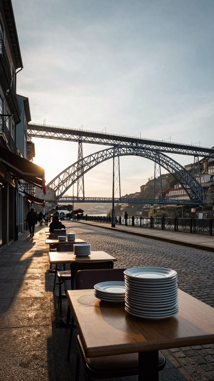 Late Afternoon Porto Street Scene with Railway Viaduct and Stacked Plates in in Porto, Portugal