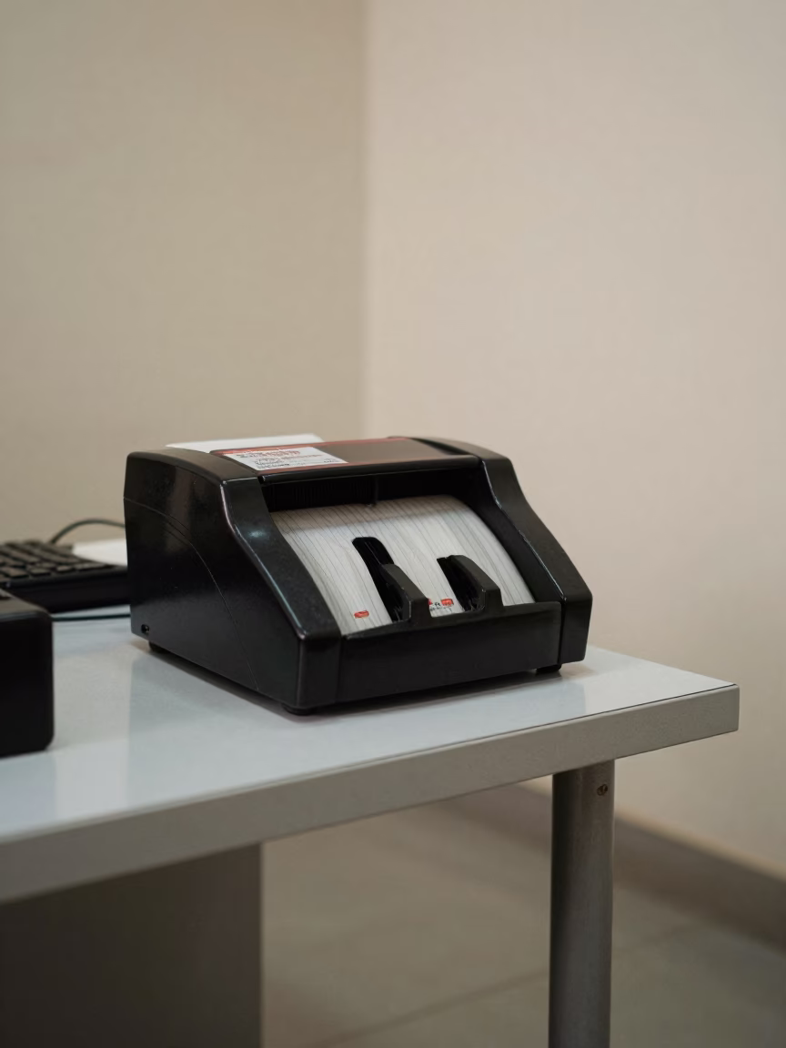 Late Afternoon Postal Meter in Karbala Office in inside an open-plan office bay in Karbala