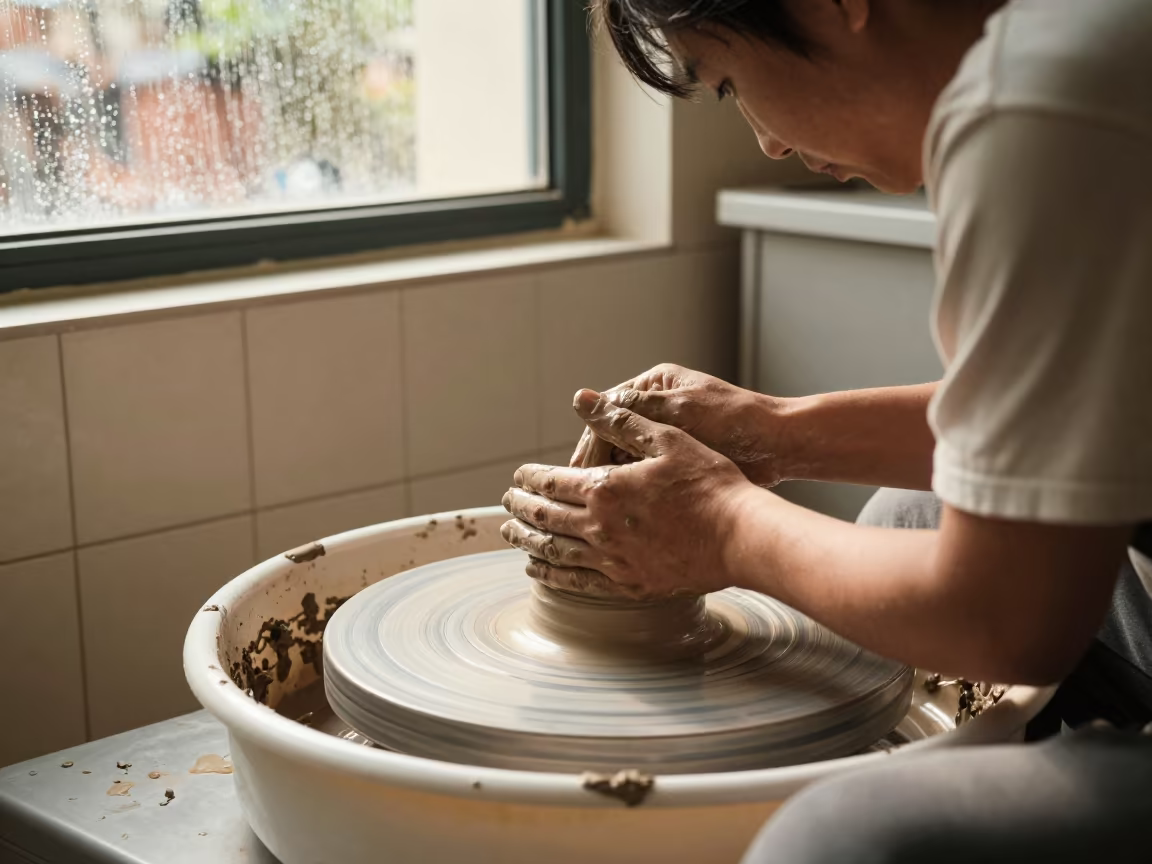 Late Afternoon Potter Shaping Clay Wheel Hangzhou in in a kitchen in Hangzhou