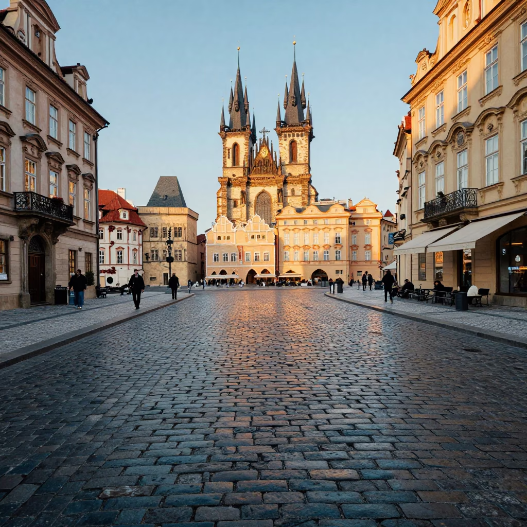 Late Afternoon Prague Street Scene with Cobblestones and Historic Architecture in in Prague, Czech Republic