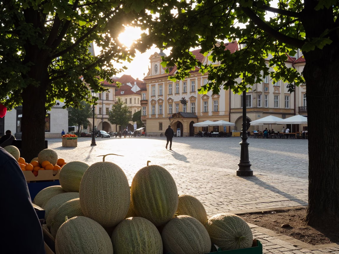Late Afternoon Prague Street Scene with Melons and Charm Bracelet at Outdoor Market in in Prague, Czech Republic