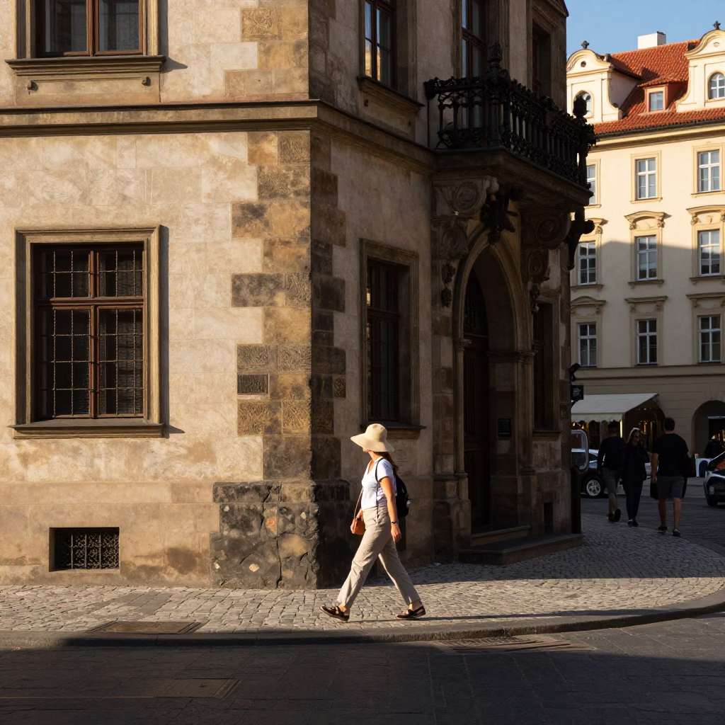 Late Afternoon Prague Street Scene with Tourist Sun Hat and Local Cafe Culture in in Prague, Czech Republic