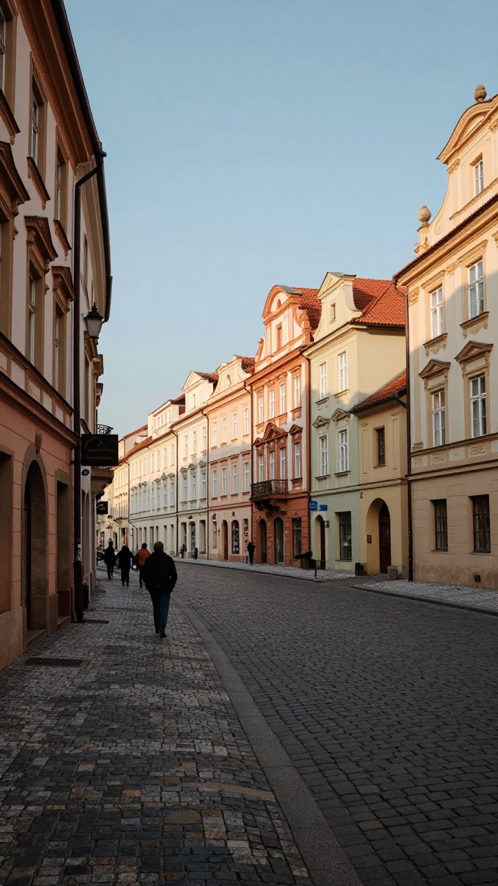 Late Afternoon Prague Street Scene with Traditional Architecture and Local Pedestrians in in Prague, Czech Republic