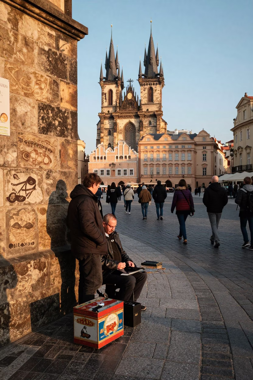Late Afternoon Prague Street Scene with Vintage Tin Box and Cardigan in in Prague, Czech Republic