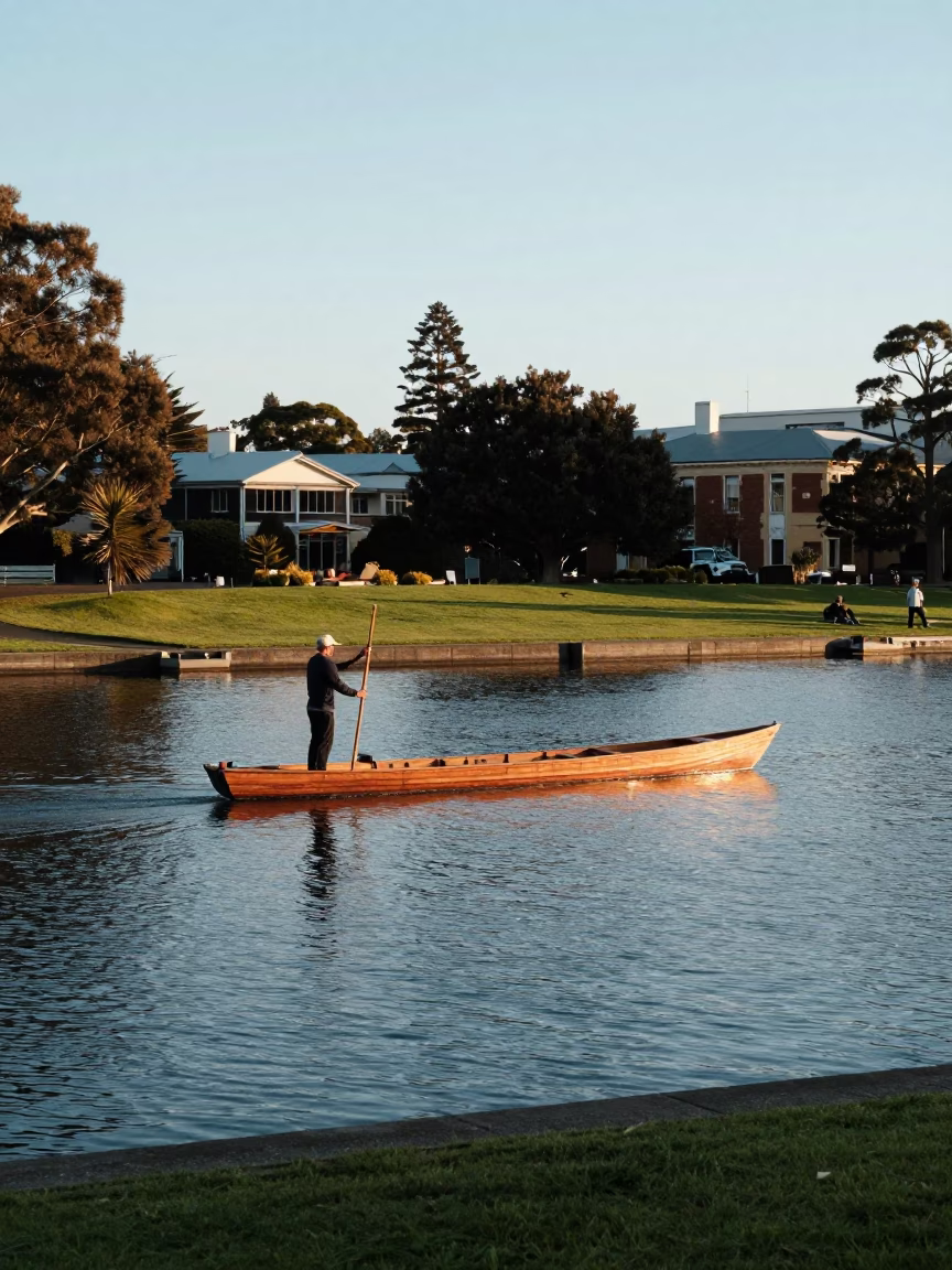 Late Afternoon Punt Poling Past College Gardens in Hobart Tasmania Australia in in Hobart, Tasmania, Australia