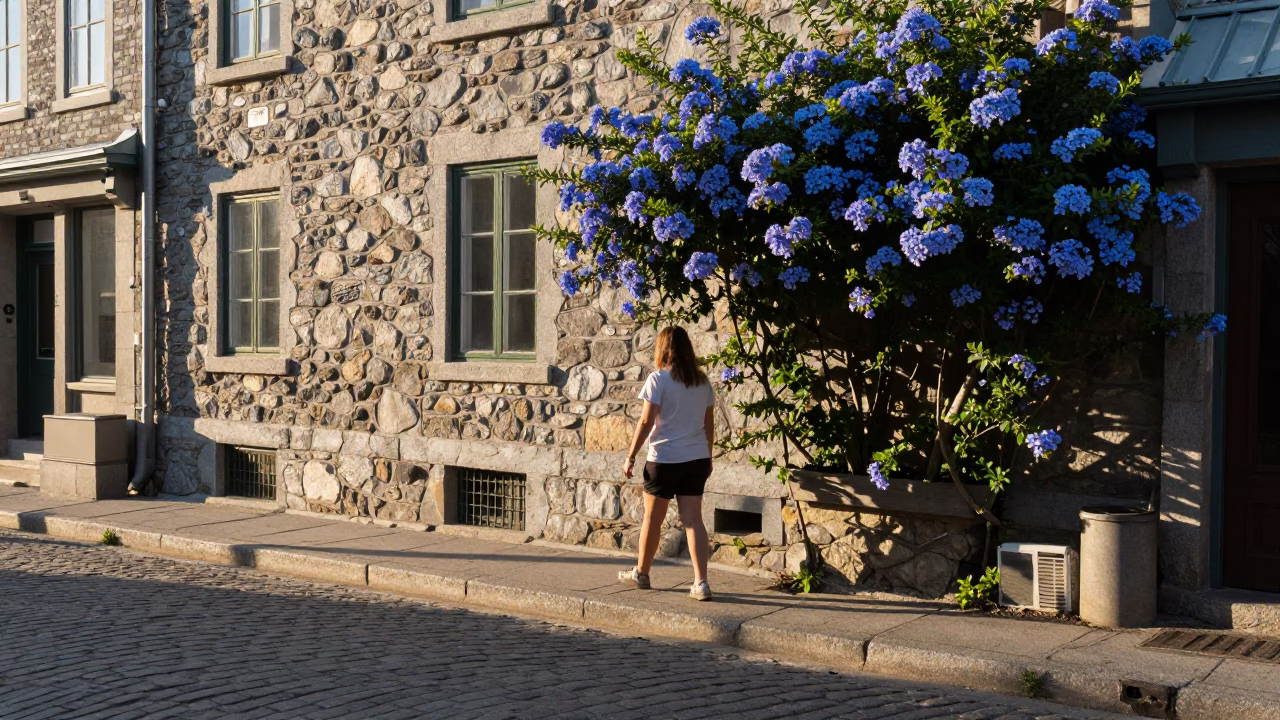 Late Afternoon Quebec City Street Scene with Blue Plumbago Hedge and Local Shop Display in in Quebec City, Quebec, Canada