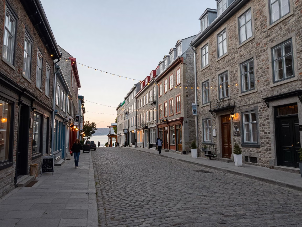 Late Afternoon Quebec City Street Scene with String Lights and Autumn Leaves in in Quebec City, Quebec, Canada