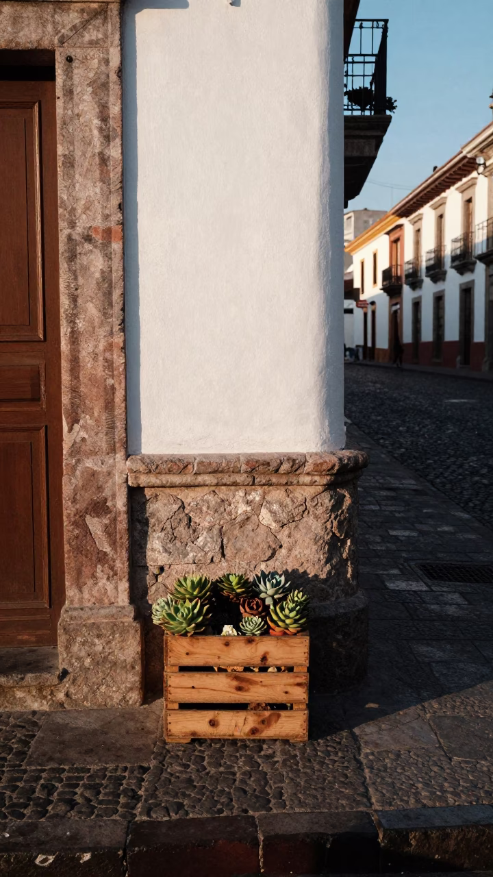 Late Afternoon Quito Ecuador Street Scene with Crate and Succulents in in Quito, Ecuador