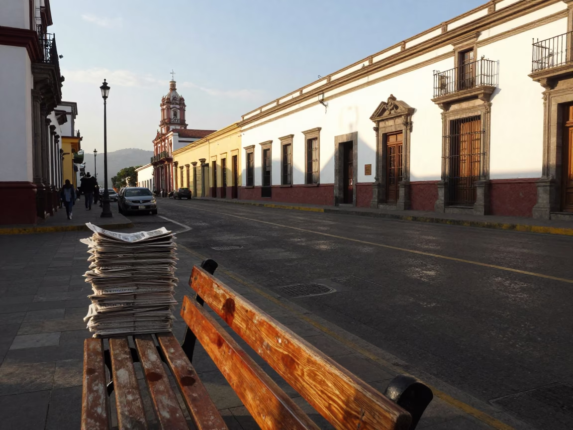 Late Afternoon Quito Ecuador Street Scene with Newspaper Stack and Tea Stains on Bench in in Quito, Ecuador