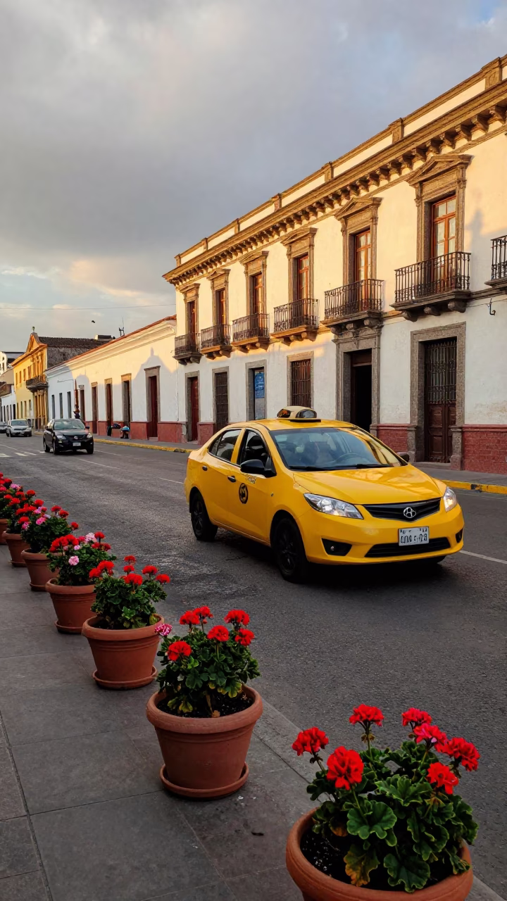 Late Afternoon Quito Ecuador Street Scene with Yellow Taxi and Potted Geraniums in in Quito, Ecuador