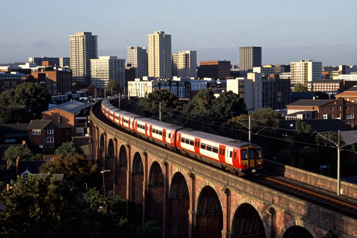 Late Afternoon Railway Viaduct and Passing Train in Bristol United Kingdom in in Bristol, United Kingdom