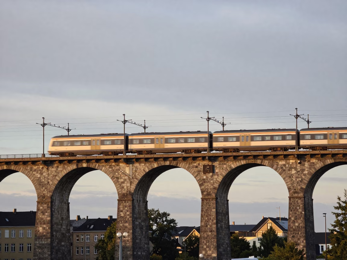 Late Afternoon Railway Viaduct Scene in Copenhagen with Passing Train and Urban Arches in in Copenhagen, Denmark