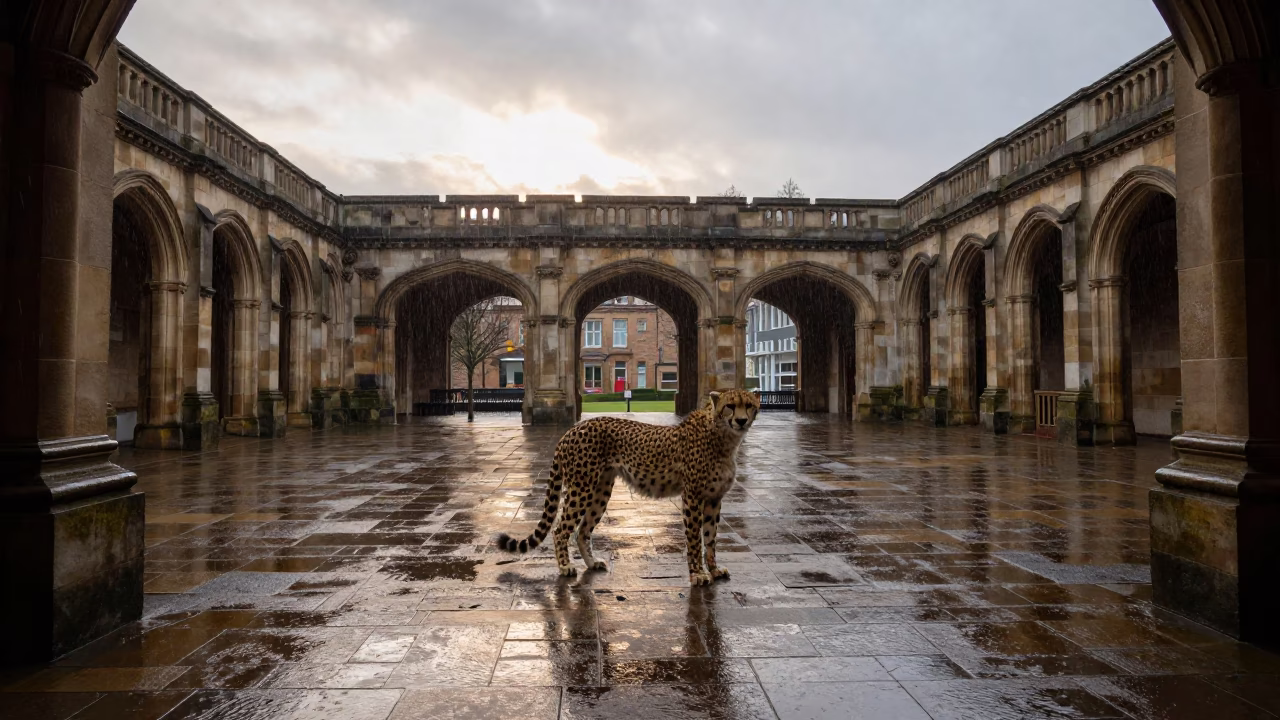 Late Afternoon Rain at University of Liverpool Cloister with Wet Flagstones and Cheetah in in Liverpool, United Kingdom